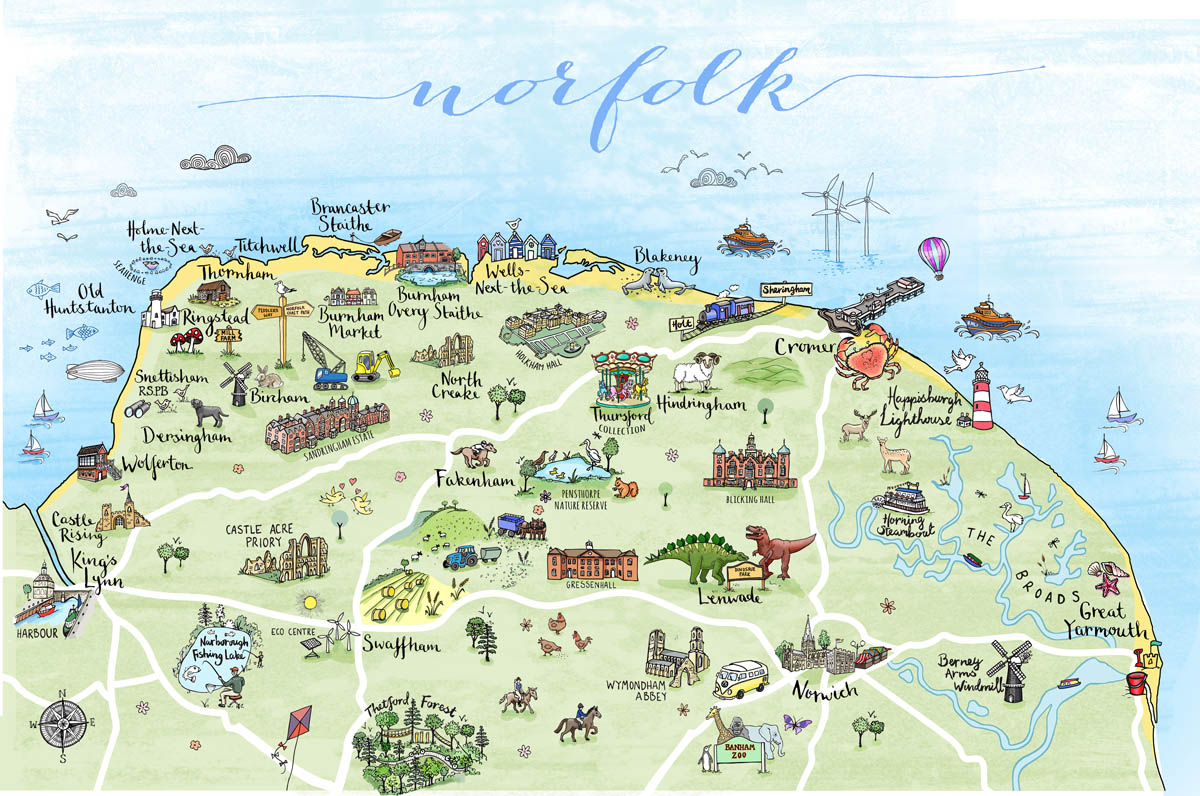 Norfolk Map Print Hand Drawn Maps